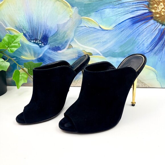 Tom Ford Black Suede Peep-Toe Mules With Gold Stiletto Heel Size 35 - Picture 3 of 12